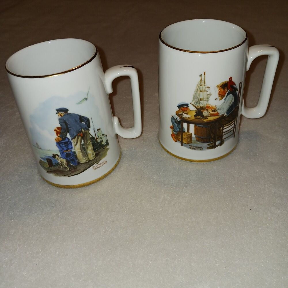 Norman Rockwell Museum Mugs For A Good Boy & Looking Out To Sea 1985 VTG